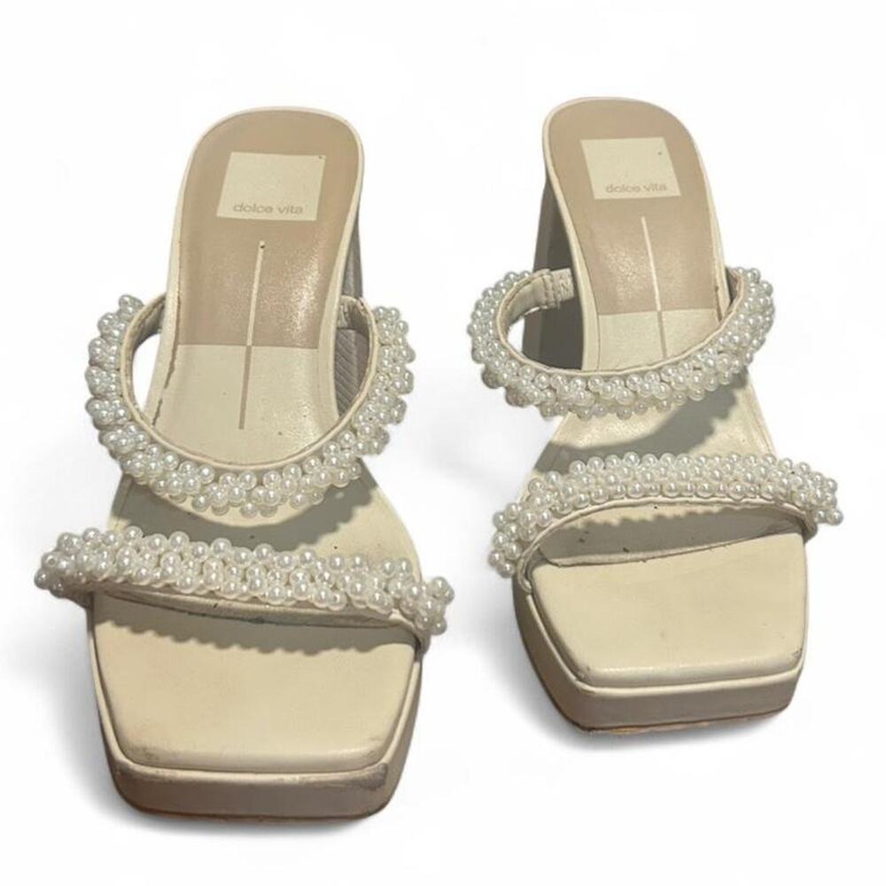 Dolce Vita Noles Pearl Beaded Block Heel Sandals Ivory Square Toe Size 7